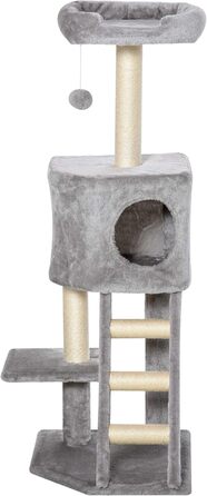 Кігтеточка PawHut 120 см для котів з будиночком, іграшкою, сизалевими стовпцями, платформою та сходами, багатоярусна, сірого кольору