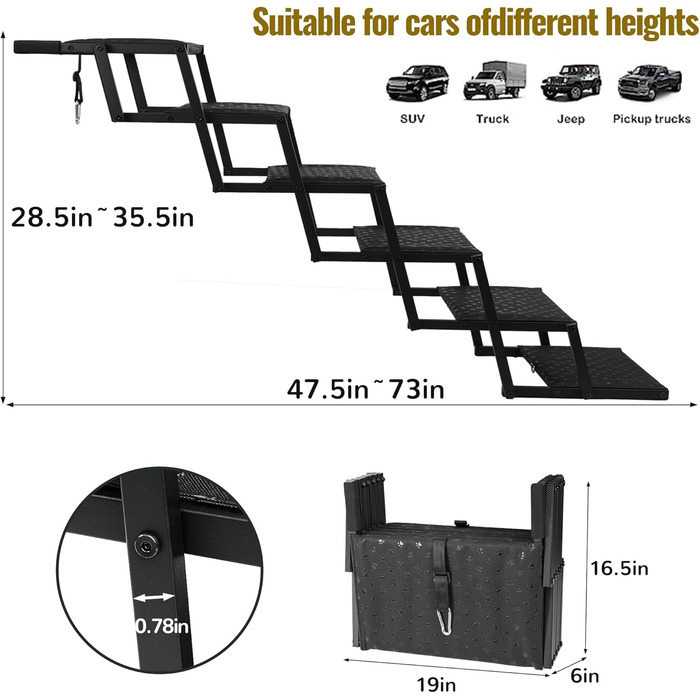 Сходинка для собак у машину - широка, складна, з антиковзаючою поверхнею, для великих собак, підходить для авто, SUV, вантажівок, витримує до 113 кг, 6 сходинок