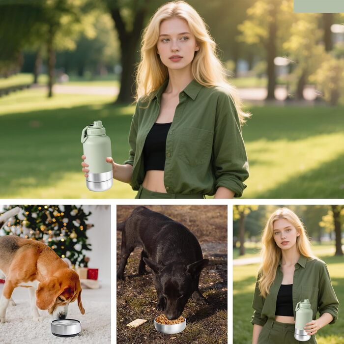 Турбопенал для собак на 950 мл – ізольована сталева фляга для води та миска для їжі, портативна фляга для собак без BPA, для подорожей, прогулянок та активного відпочинку (зелений колір, L)