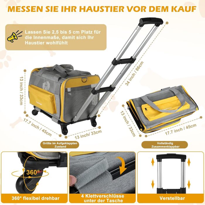 Транспортна переноска для котів та собак Pawinner з колесами, 45x33x33 см. Зручна переноска-тролей для авто та літака, складна, дихаюча, для тварин до 9 кг