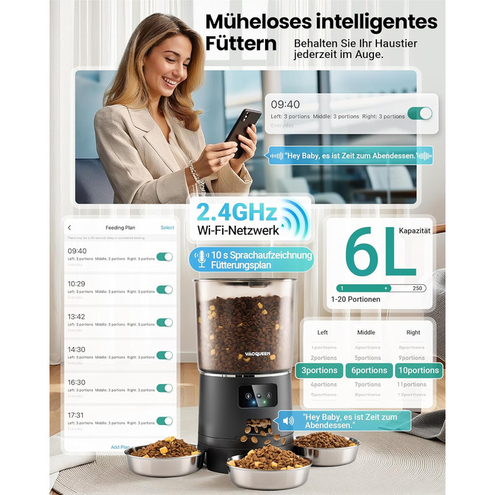 Автоматичний годівниця для котів з Wi-Fi та таймером, 6 л / 25 чашок, 3 миски, 3 пакети силікагелю, система проти застрягання, 2.4G Wi-Fi, запис голосу 10 секунд, чорний