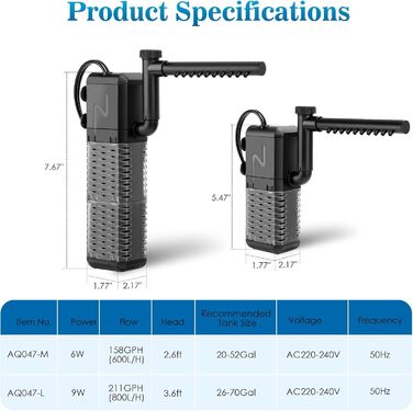 AQQA Фільтр для акваріума 800 л/год, регульований, 9W, тиха фільтруюча помпа зі шлангом для акваріумів до 250 л, губчастий фільтр