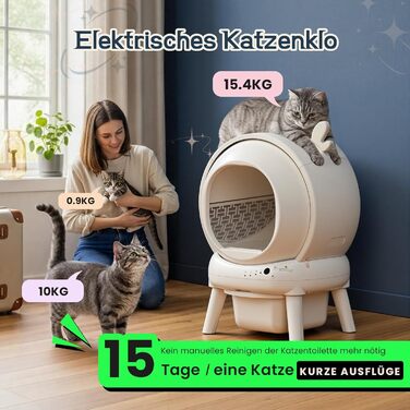 Автоматичний лоток для котів з самоочищенням 65л, 9 сенсорів, керування через додаток, захист від защемлення, для кількох котів, білий