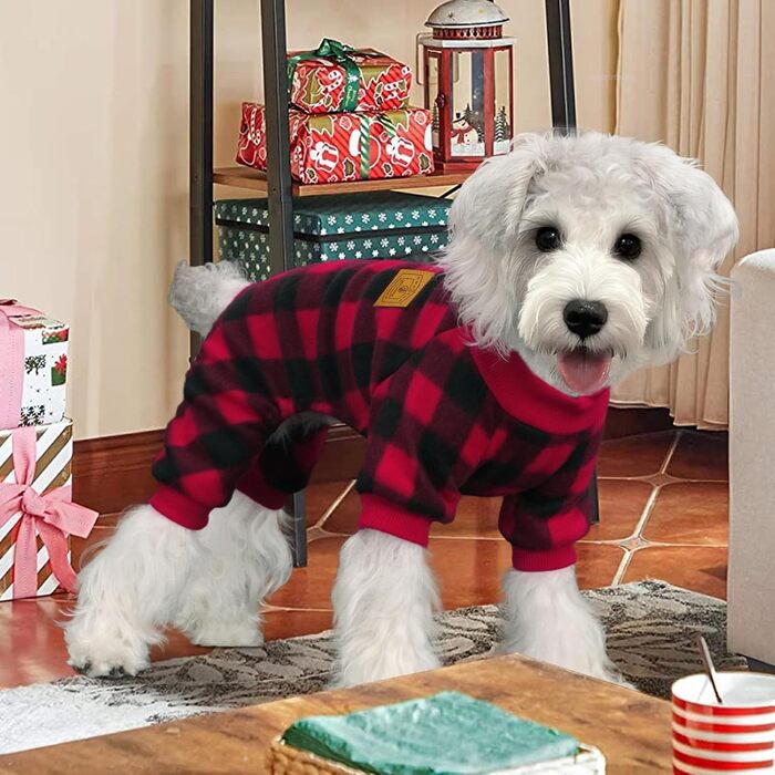 XPUDAC Піжама для собак на Новий Рік, в клітинку, для маленьких та середніх собак, дівчаток та хлопчиків, флісова, тепла, зимова (розмір M)