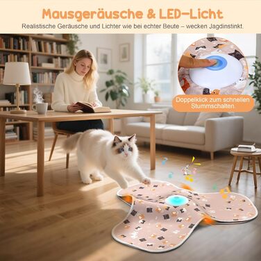 Інтерактивна іграшка для котів FLERDMAU з 3 режимами, з пір'ям та мишкою, електрична, для кількох котів, рожева