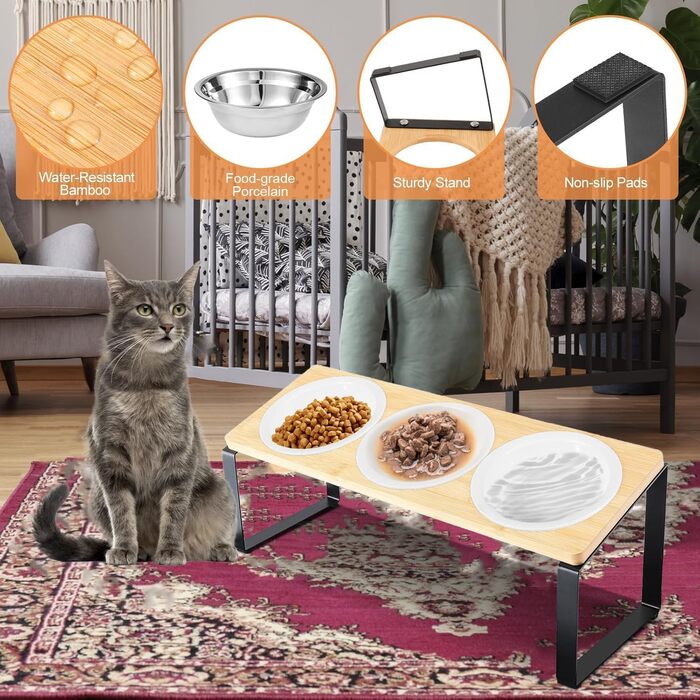 Набір мисок для котів 3 шт. з підставкою, кераміка, підняті миски, антиковзаюча підставка, для котів та маленьких собак