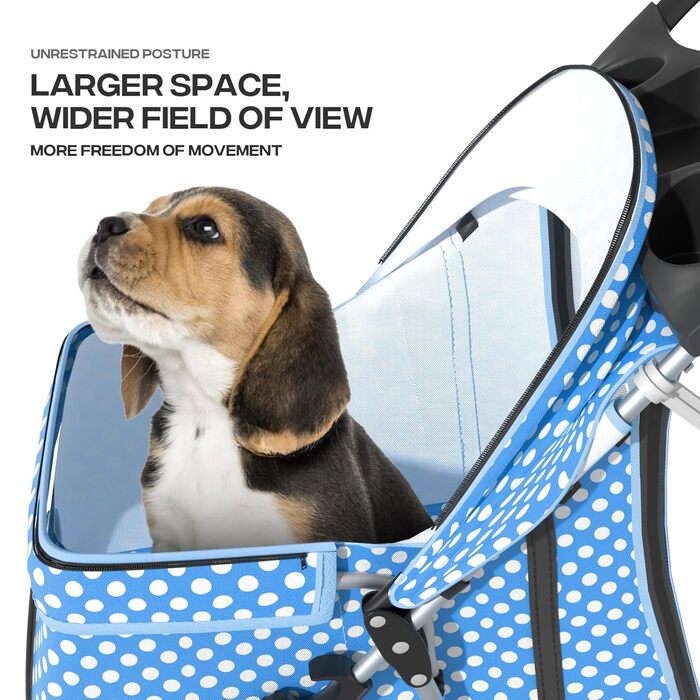 Дитяча коляска для котів та собак, 3 колеса, складна, з кошиком та тримачем для напоїв (Блакитний/У крапку)