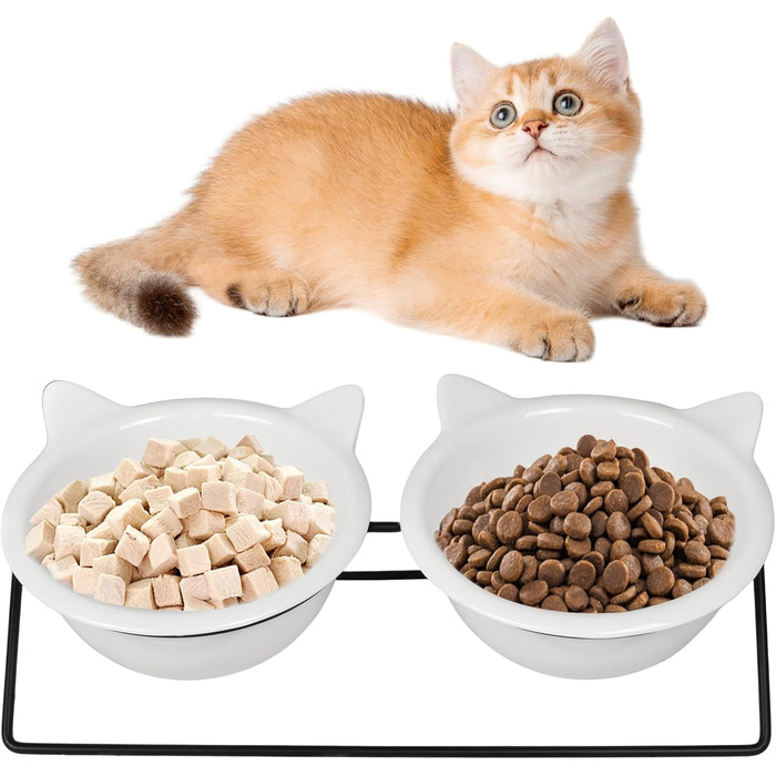 Набір з 2 керамічних мисок для котів, нахил 15°, протиковзкий, для води, вологого та сухого корму, ласощів, ідеально для котів та маленьких собак