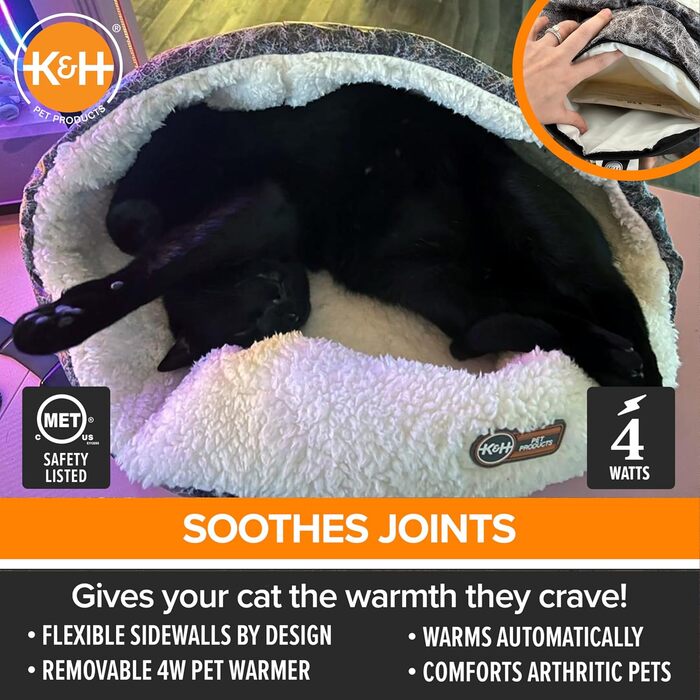 Обігріте термоліжко для котів K&H PET PRODUCTS, кругле велике сіре ліжко для котів та маленьких собак, для дому, 35,6x45,7 см