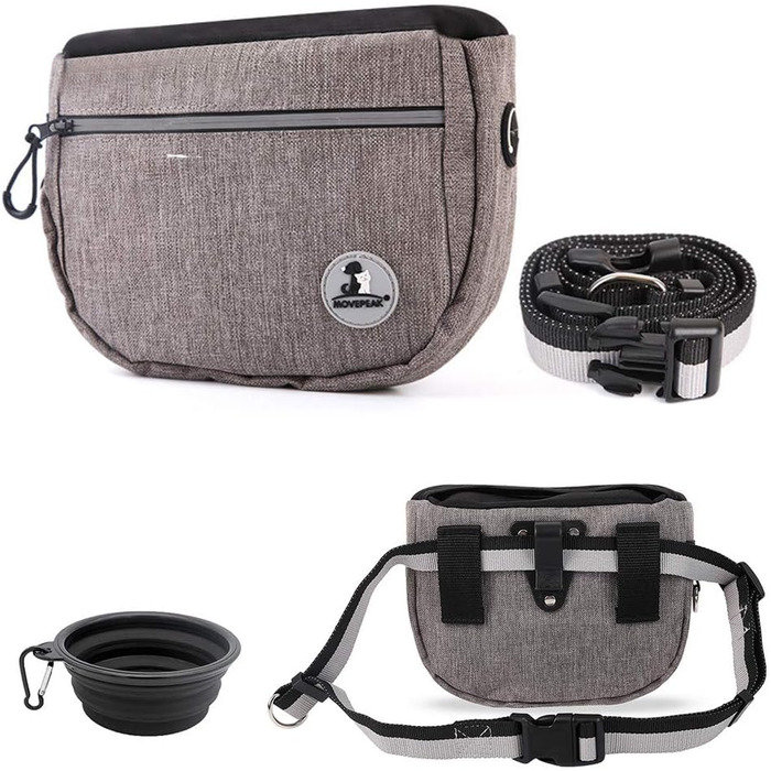 Сумка для ласощів для собак, з інтегрованим мисником, для зручного перенесення іграшок та ласощів, поясна сумка для дресирування, 4 способи носіння (сіра)