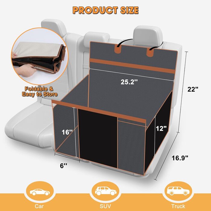 Автомобільний лежак для собак Mixjoy - великий, з PU-шкіри, для середніх, великих та маленьких собак, знімний чохол, напівлежак
