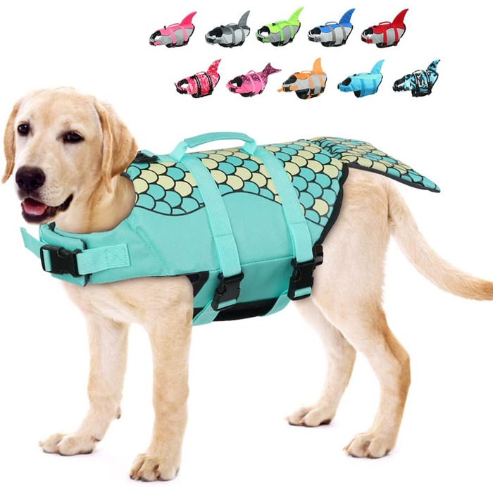Спасальний жилет для собак EMUT, жилет для плавання для собак маленьких, середніх та великих порід з ручкою для порятунку, безпечний жилет для собак для басейну, пляжу, катання на човні (Medium, Колір: Морська хвиля)