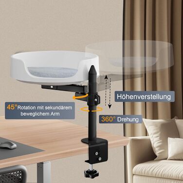 Регульоване котяче ліжко для столу, 360° обертання, 2 регульовані підлокітники, подушка для домашніх тварин