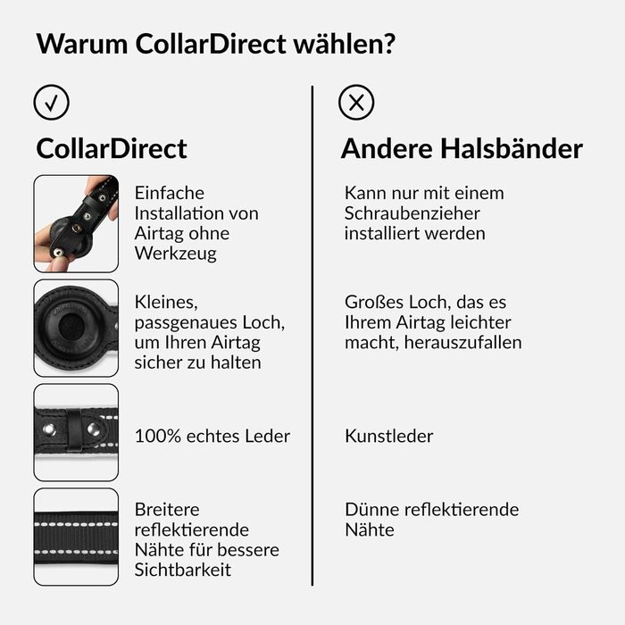 Нашийник для Apple AirTag для собак CollarDirect, світловідбиваючий, чорний, XL (51-61 см)