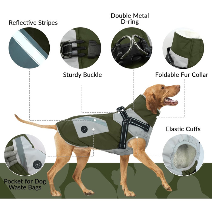 Тепла флісова куртка для собак великих порід, зимова водонепроникна куртка для собак, теплий одяг для собак, військово-зелений (XL)