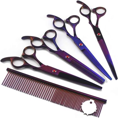 Набір ножиць для догляду за собаками, 7 дюймів, професійний триммер для тварин, леза з нержавіючої сталі, вигнуті ножиці, ножиці для розрідження, гребінець для грумінгу собак та котів, 5 шт. (фіолетовий)