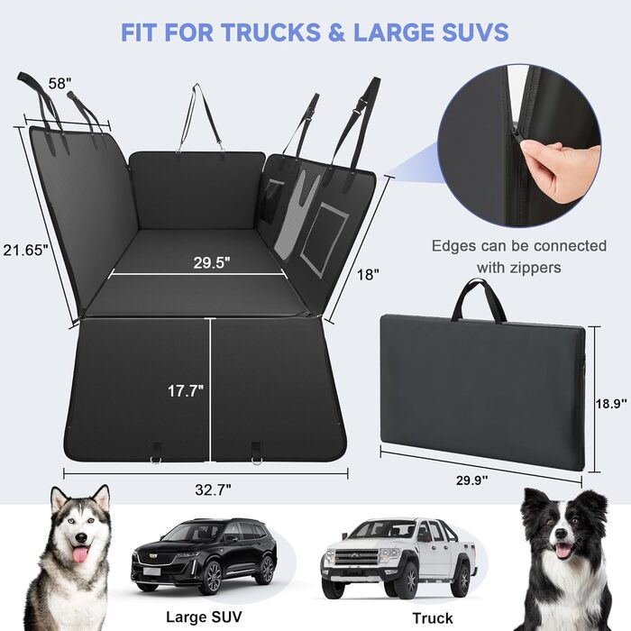 Захисний чохол на сидіння автомобіля для собак Dorifine з PU-шкіри, подовжувач сидіння для собак з твердим дном, витримує 180 кг, 100% водонепроникний, стійкий до подряпин та ковзання. Підходить для авто, SUV, вантажівок (Чорна екошкіра, L (147x75 см))