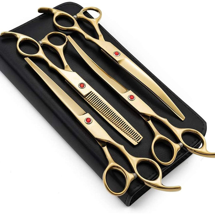 Набір професійних ножиць для грумінгу собак 5 в 1, 7 дюймів, нержавіюча сталь, включає прямі, фінішні та зігнуті ножиці, гребінець
