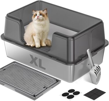 Відкрита котяча туалетна коробка з нержавіючої сталі 60x40x30 см з килимком і лопаткою, не вбирає запахи, для котів