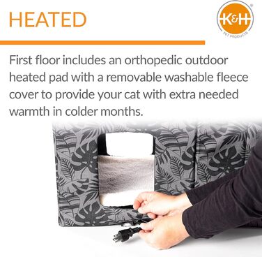 Двоповерховий вуличний котячий будиночок K&H PET PRODUCTS з їдальнею та обігрівом, сірий, 55,9x68,9x68,9 см