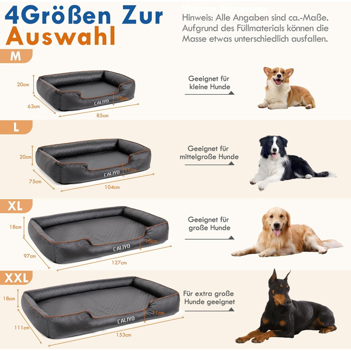 Ортопедичне ліжко для собак Caliyo, великі породи – подушка для собак з екошкіри, водонепроникна та пральна, з піною з пам'яті, диван для собак з 4 бортиками, килимок для собак 127×97×18CM, чорний L 127×B 97×H 18 cm Чорний