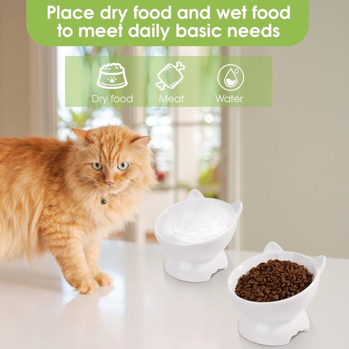 Набір мисок для котів (2 шт.), підняті, з захистом шиї, 15° нахил, кераміка, для корму та води - білий