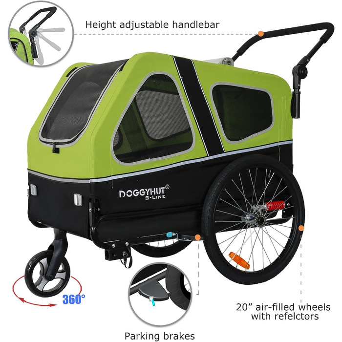 Doggyhut S-Line XL: велосипедно-колясочний візок для собак до 45 кг (зелений/чорний)