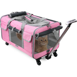 Транспортна сумка для котів PETCUTE з колесами, дихаюча переноска для 2 котів, складана переноска для собак з телескопічною ручкою, знімний килимок, ідеальна для подорожей (Рожева)