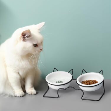 Навіс Keramik Katzennapf mit Metallständer - Erhöhter Katzennapf - Katzennapf Keramik - Katzennapf erhöht - Futterstation Katzen - Spülmaschinen- und Mikrowellensicher Weiß/Grün (Schwarz/Weiß)