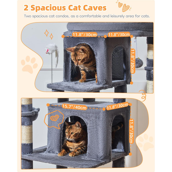 Котячий комплекс Taoqimiao MS044W сірий: 190 см, багатоярусний, з 2 будиночками, гамаками та 8 стовпчиками для дряпання