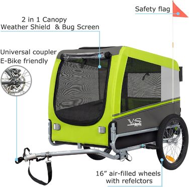 Візок для собак Tiggo VS Pets 2-в-1: візок та велосипедний причіп, великий, 270 л, до 35 кг, зелений