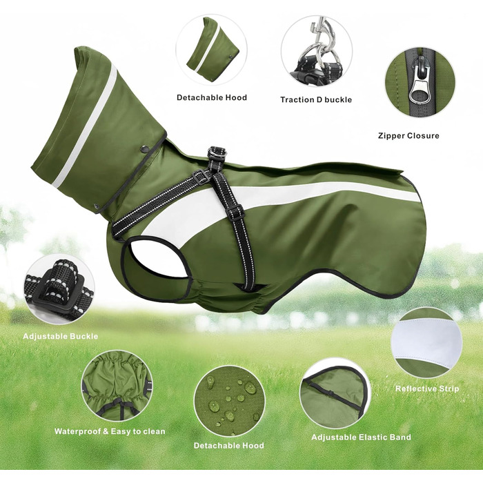 Водонепроникний дощовик для собак Oslueidy, з капюшоном, для малих, середніх та великих собак, цуценят, S-XXL (Зелений, L)