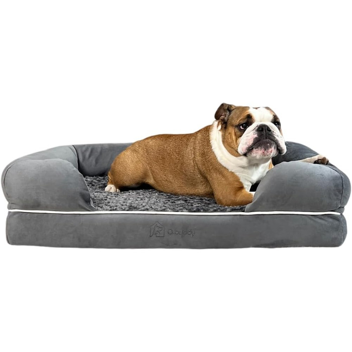 Ортопедичне собаче ліжко для великих собак, вологостійке, 90x65x23 см, сіре. Знімний, пральний чохол, комфортний плюш, підвищений борт