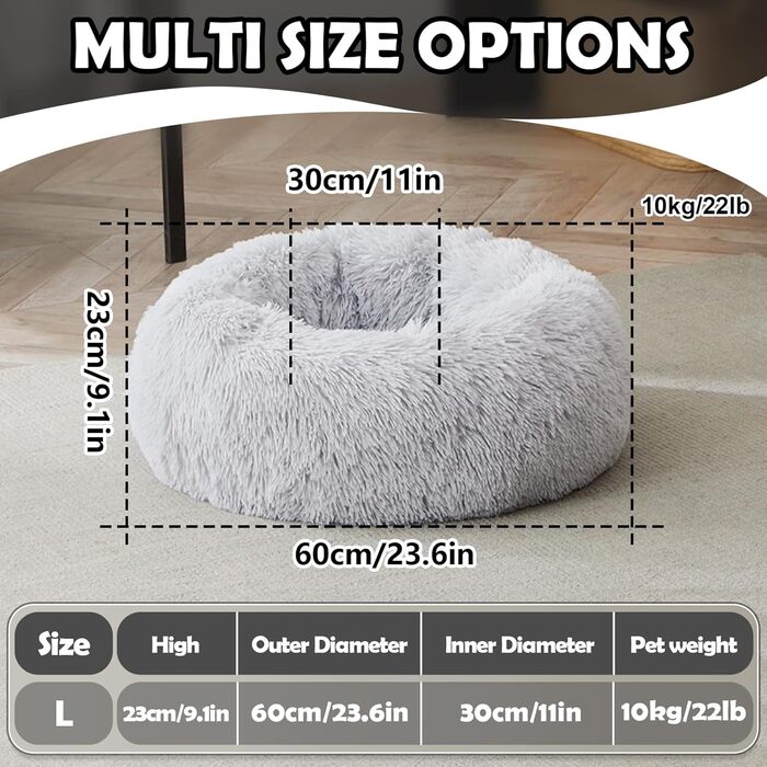 Кругле ліжко для собак та котів, 60 см, машинного прання, нековзне, плюшеве, глибоке, з ортопедичною підтримкою, сіре, 60 x 60 x 20 см
