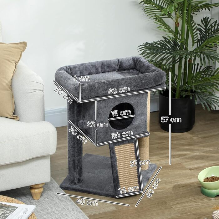 Дерев'яний кігтеточка PawHut для котів до 5 кг з гамаком, ігровим м'ячиком та гамаком, сірого кольору