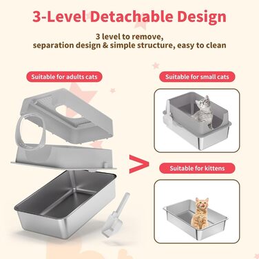 Лотку для котів з нержавіючої сталі з кришкою, великий, для великих котів, з совоком та килимком сірого кольору