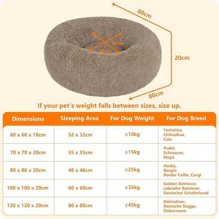 Ортопедичне ліжко для собак, круглий лежак, софа для собак та котів, донат, м'який кошик для собак, прання, 80 см Ø, верблюжий колір, розмір 80 x 80 x 20 см, верблюжий колір