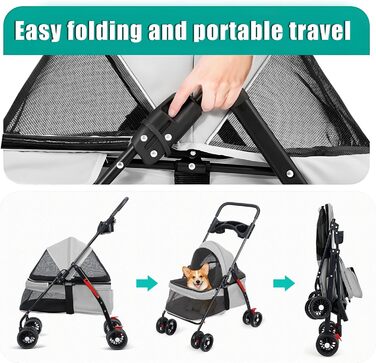Візок для тварин для маленьких собак та котів, складаний, сірий, з поворотними колесами та регульованим капюшоном