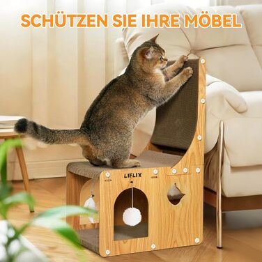 Крізь-дошка для котів LIFLIX L-подібної форми, 67 см, з будиночком для ігор та відпочинку, захист меблів