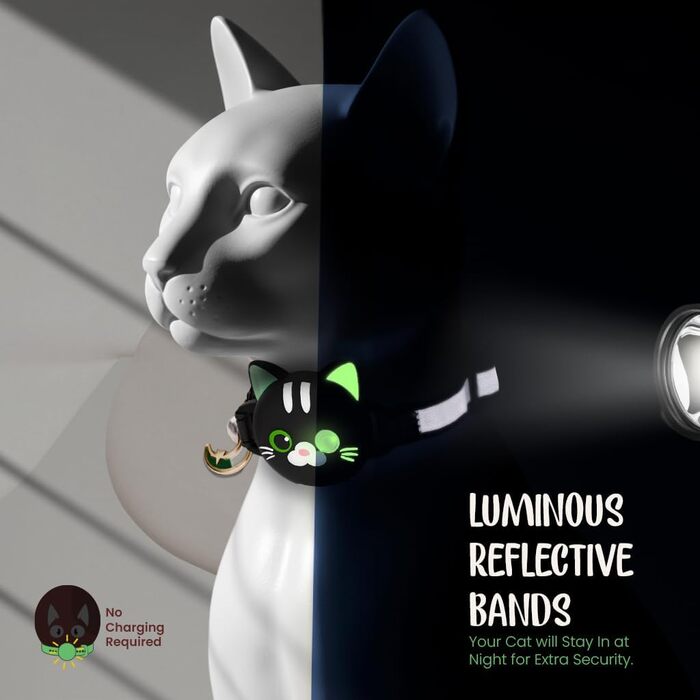 Нашийник для кота KittyTag з аксесуарами, сумісний з Apple Airtag, світловідбиваючий та світовий, GPS, захист від задушення, регульований (Чорний)