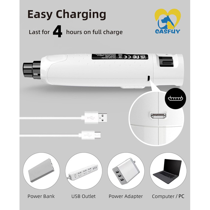 Електричний точило для кігтів собак та котів Casfuy з 6 режимами та LED-підсвіткою (45 dB)