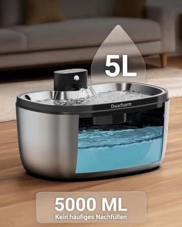 Фонтанчик для собак 5л з нержавіючої сталі з LED-сенсором та 4-шаровою фільтрацією, також підходить для котів. Бездротовий, 4000mAh