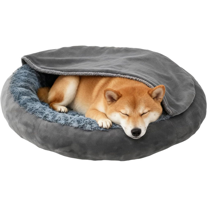 Кругла лежанка для собак та котів з капюшоном, розмір M, сіра, 60 x 60 x 19 см, м'яка, з антиковзною основою, самонагріваюча, для заспокоєння, миється
