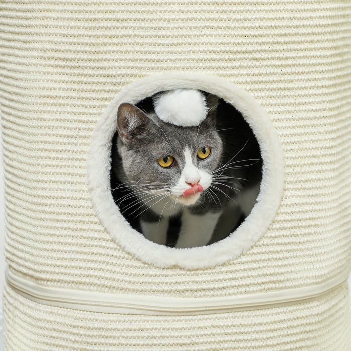 PawHut Scratching Barrel, Бочка для кішок висотою 69 см з 2 отворами, Play Ball, Подільне котяче дерево, Cat Tower для кішок до 5 кг, Cream White | Аосом