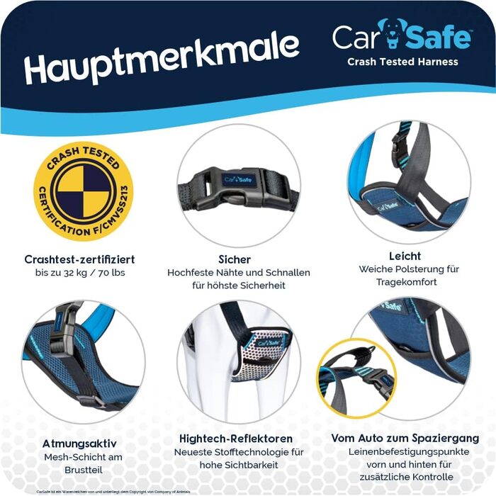Автомобільна захисна шлейка для великих собак CarSafe, краш-тестована до 32 кг, м'яка та комфортна, безпечна подорож у авто