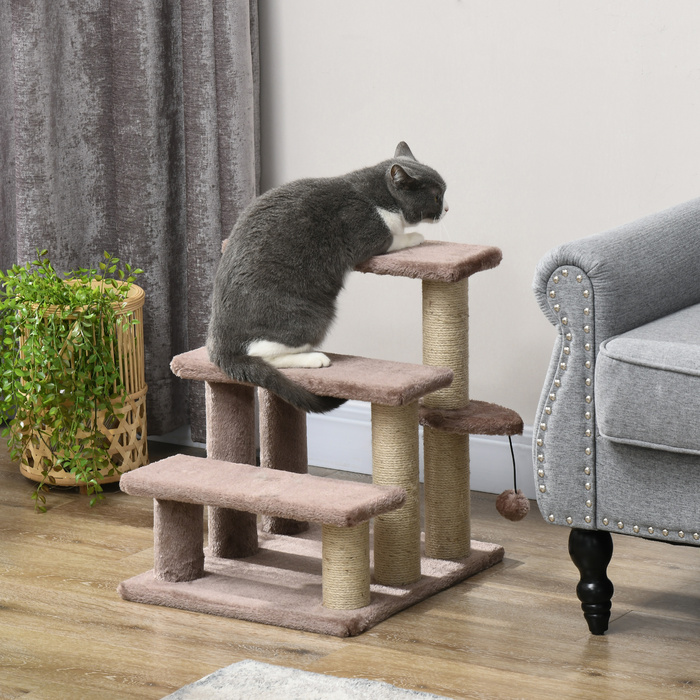 PawHut Cat Stairs Сходи для домашніх тварин для котів та собак 3 сходинки з кігтеточками Play Ball Plush Brown 45x40x48см для більшого комфорту
