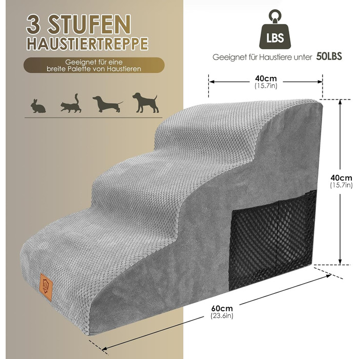 Сходинки для собак маленьких порід, 3 сходинки, водонепроникні, з високощільним губчастим матеріалом, знімні, для доступу до ліжка/софи, сірі.