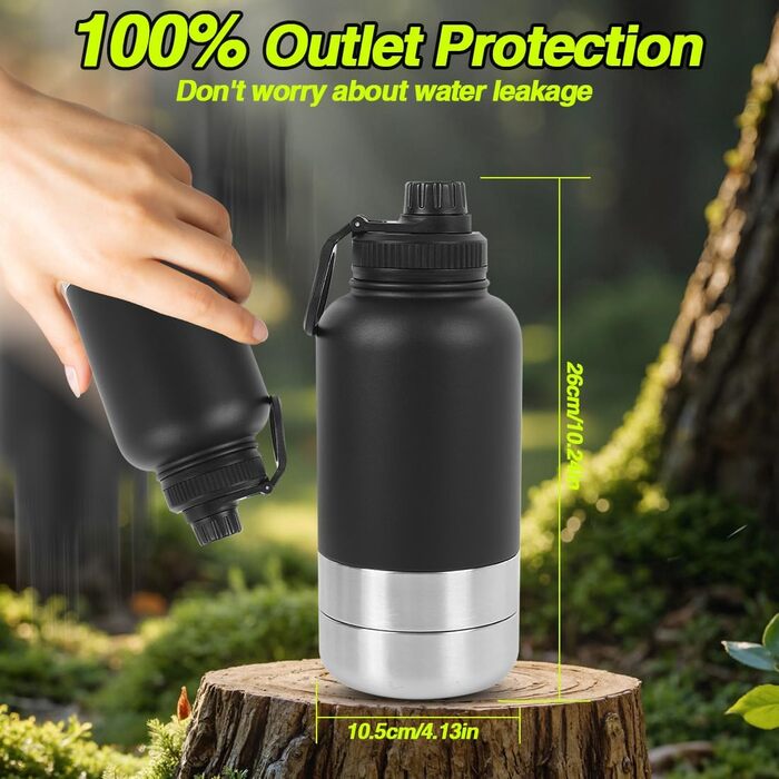 Водяна пляшка для собак на ходу, 950 мл, з мискою для їжі та води, ізольована, нержавіюча сталь, чорна