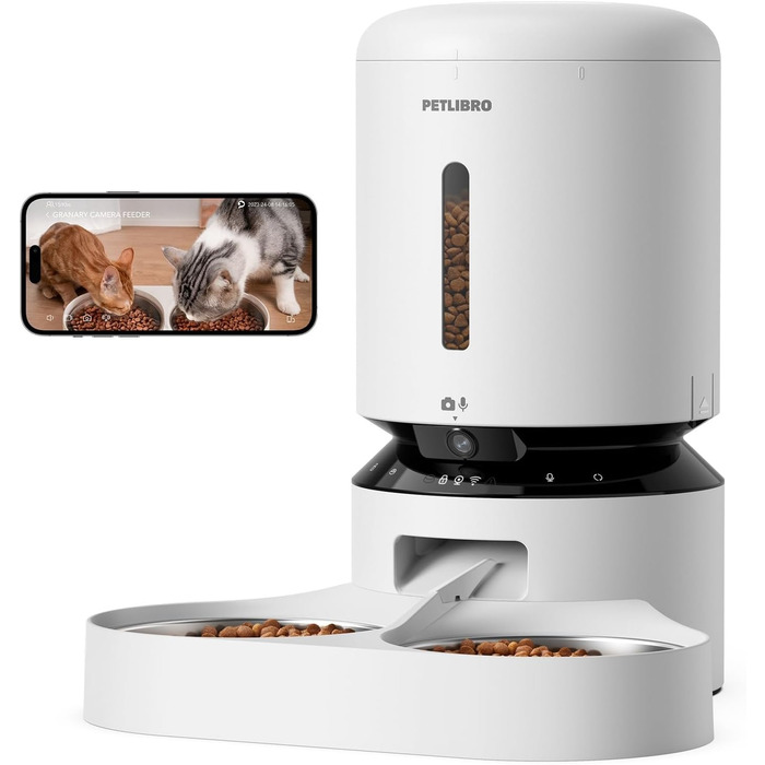 Автоматична годівниця для котів і собак PETLIBRO 5L з 1080P WiFi-камерою, 2 миски, керування через додаток, нічне бачення, сенсор низького корму, до 10 годувань