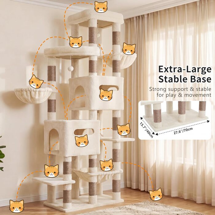 Heybly Katzenbaum 190 см, XXL Дряпка для великих котів, стійка висока когтеточка з великою платформою, 2 печери, гамак та міцні стовпи з сизалю, котячі меблі, HCT062G (Бежевий)